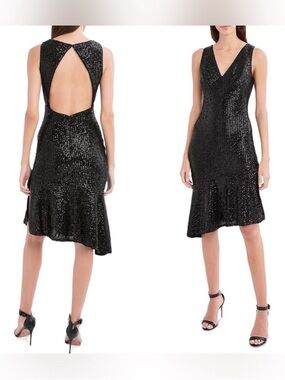 NWT BCBG Black Sequin V-Neck Open-Back Cocktail Dress Size L